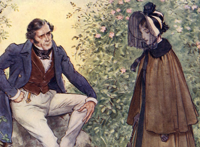 Jane Eyre meets Mr Rochester by the stile (colour litho) by Charles Edmund Brock (1870-1938) © Look and Learn