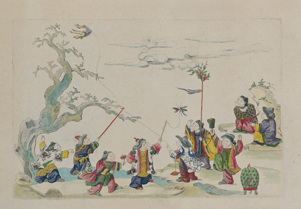 Children flying kites, from an album of Chinese drawings, 1735 (w/c on paper)