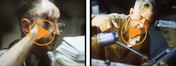 Left: One of Our Own Kind part three - shots inside printing shop, printing press, street scenes in Yorkshire, 1970 / Buff Film & Video Library Right: One of Our Own Kind part five - printing press operators, close up shots of colour printing of postcards / Buff Film & Video Library