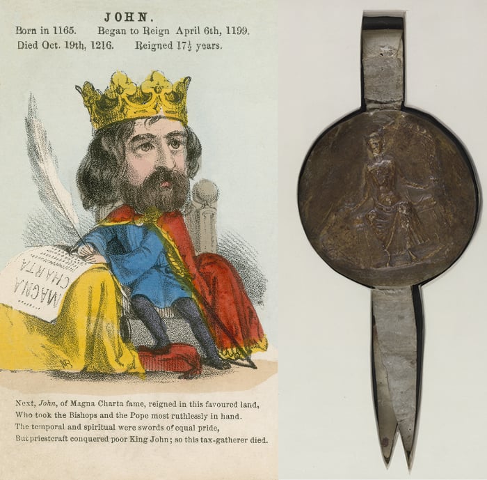 Left: King John (aquatint), English School, (19th century) / Private Collection / © Look and Learn Right Great Seal of King John / British Library, London, UK / © British Library Board. All Rights Reserved
