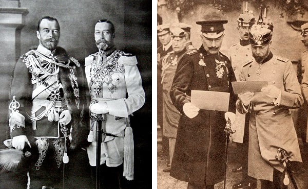 Left: Tsar Nicholas II and his cousin King George V, 1913 (b/w photo) / Private Collection Right: King George V and Kaiser Wilhelm II discussing operation orders in Germany in 1913, illustration from 'The Life of King George V', published c.1935 (b/w photo), English Photographer, (20th century) / Private Collection / Photo © Ken Welsh 