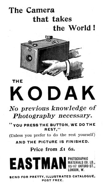 Advertisement for Kodak cameras from The Illustrated London News, 16 September 1893 including Kodak's famous slogan You press the button, we do the rest. From 1888 the Kodak box camera took Eastman's coated paper roll film. Engraving