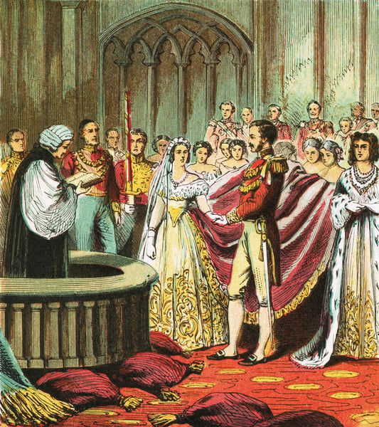 LLM338198 Marriage of Queen Victoria by English School, (20th century); Private Collection; (add.info.: Marriage of Queen Victoria. Pictures of English History published by George Routledge & Sons c 1890. Printed in colours by Kronheim. Professionally re-touched illustration.); © Look and Learn; English, out of copyright.