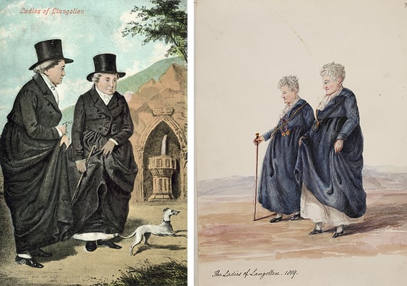 Left-right: Ladies of Llangollen (colour litho), English School, (20th century) / Private Collection / © Look and Learn; Lady Eleanor Butler: Miss Sarah Ponsonby, recluses of Llangollen: circa 1816. / British Library, London, UK