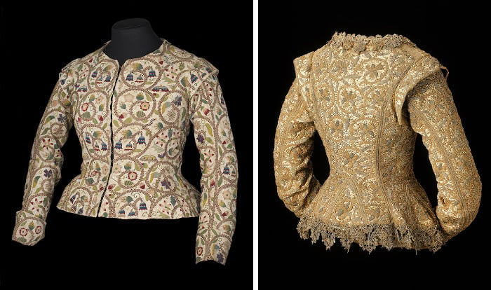 Left: Lady's jacket, c.1600-25 (embroidery), English School / Burrell Collection, Glasgow, Scotland / © Culture and Sport Glasgow (Museums) Right: Woman's jacket, with later alterations / Museum of Fine Arts, Boston, Massachusetts, USA; The Elizabeth Day McCormick Collection; REPRODUCTION PERMISSION REQUIRED; CANNOT BE LICENSED FOR CARDS, CALENDARS, PRINTS OR POSTERS,JAPANESE RIGHTS NOT AVAILABLE; English, out of copyright PLEASE NOTE: Bridgeman Images works with the owner of this image to clear permission. If you wish to reproduce this image, please inform us so we can clear permission for you.