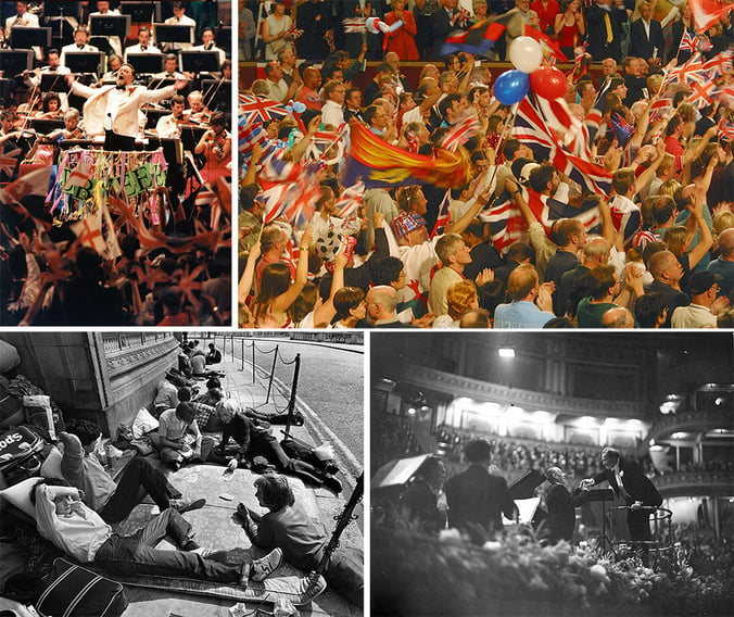 Top left: Last Night of the / Photo © Jim Four. Top right: Last Night of the / Photo © Toby Wales. Bottom left: Queue for Last night of 1981 Proms / Photo © Godfrey MacDomnic. Bottom right: Sir Henry Wood shaking hands from the podium with Sergei Rachmaninov, Royal Albert Hall, 1938 / Royal Academy of Music, London, UK
