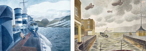 Left:     Barrage Balloons Outside a British Port, Eric Ravilious, Leeds Museums and Galleries  Right:     Leaving Scapa Flow, Eric Ravilious, © Bradford Art Galleries 