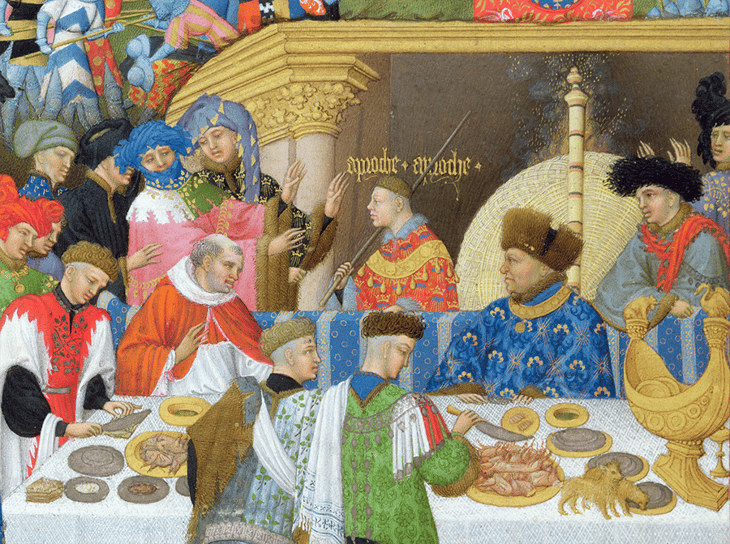 Ms 65/1284 f.1v January: Banquet Scene, from the 'Tres Riches Heures du Duc de Berry' (vellum) (for facsimile copy see 65833) (detail of 8433), Limbourg Brothers (fl.1400-1416) / Musee Conde, Chantilly, France