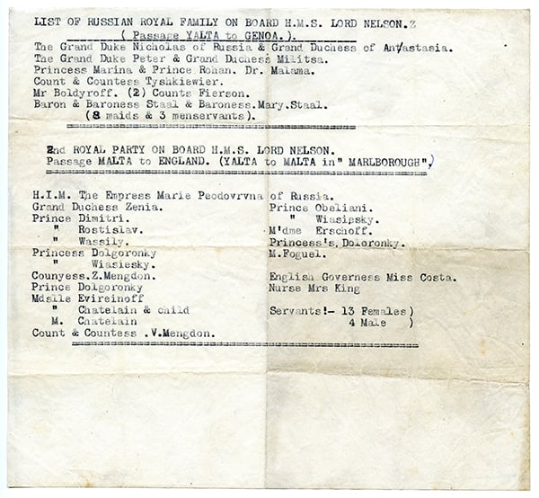  List of Russian Royal Family On Board H.M.S. Lord Nelson and H.M.S. Marlborough, Royal Navy, 1919, English School, (20th century) / Private Collection / Photo © Tobie Mathew Collection / Bridgeman Images