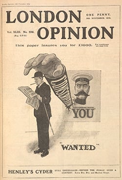 "Your'e country needs you". "Wanted". The hand of Lord Kitchener reaching out to a 'city gent'. A recruitment poster of the first word war.