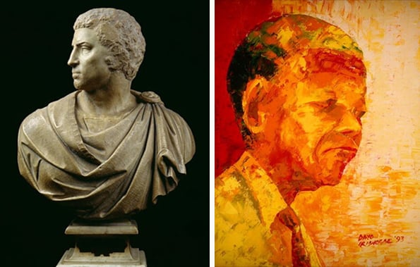 Left: Bust of Brutus (85-42 BC), Michelangelo Buonarroti/ Museo Nazionale del Bargello, Florence, Italy Right: Mandela, 1993, Bayo Iribhogbe, (Contemporary Artist)