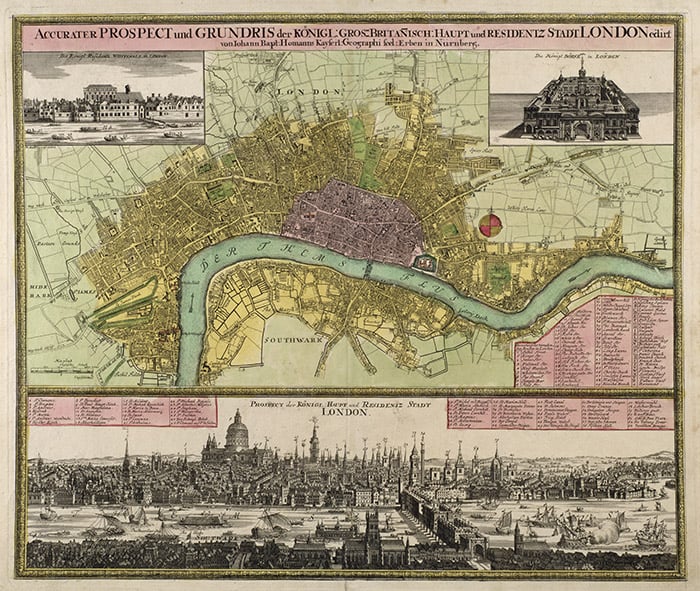 Map and Prospect of London, c.1710 (hand coloured engraving) by Homann, Johann Baptista (1663-1724); London Metropolitan Archives, City of London