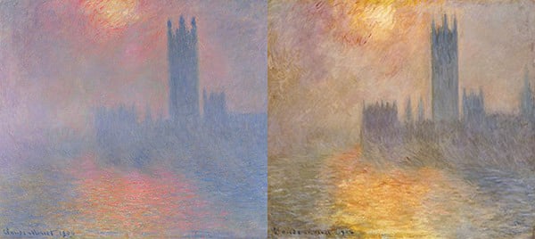 The Houses of Parliament, London, with the sun breaking through the fog, 1904 Musee d'Orsay; The Houses of Parliament, Sunset, 1904 Private Collection / Photo © Christie's Images