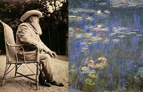 Claude Monet (1840-1926) in the garden of Giverny, 1915 (1840-1926) by French Photographer / Private Collection; Water Lilies, detail, De Agostini Picture Library / A. Dagli Orti