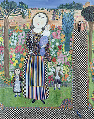 DH98589 Mother and Child in the Park, 1997 (oil on canvas) by Holzhandler, Dora (Contemporary Artist); 86.4x68.6 cm; Private Collection; REPRODUCTION PERMISSION REQUIRED; English, in copyright PLEASE NOTE: This image is protected by artist's copyright which needs to be cleared by you. If you require assistance in clearing permission we will be pleased to help you. In addition, we work with the owner of the image to clear permission. If you wish to reproduce this image, please inform us so we can clear permission for you.