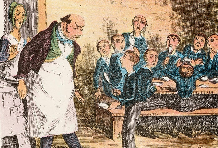 Oliver Asking for More, illustration for 'Oliver Twist' by Charles Dickens (colour litho) by George Cruikshank, © Look and Learn