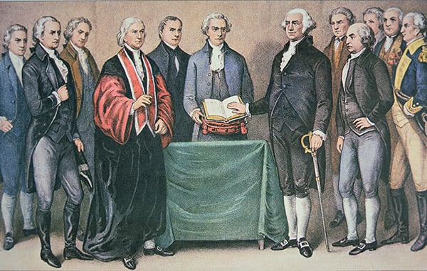 The Inauguration of President George Washington (1732-99) 30 April, 1789 at the Old City Hall, New York, NY, published 1876 / Peter Newark American Pictures