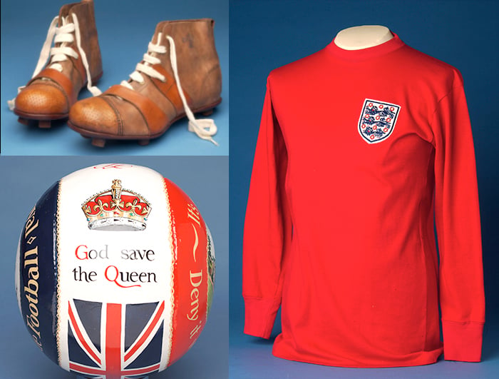 Clockwise: Pair of Cert Boots, 1910 ; An England shirt with international badge, as worn by teh 1997 World Cup winning team ; Ashbourne football (leather)