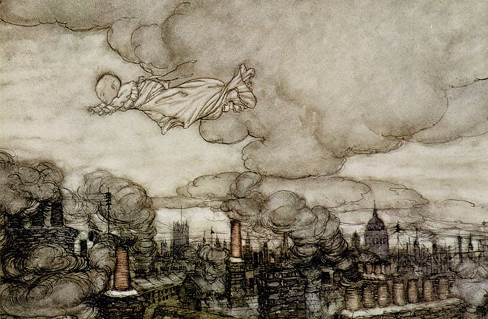 Peter Pan flying over London, illustration from 'Peter Pan' by J.M. Barrie by Arthur Rackham - Archives Charmet