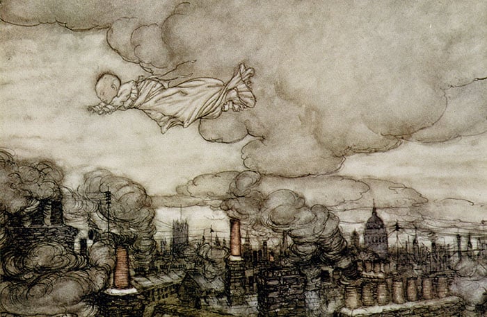 Peter Pan flying over London, illustration by Arthur Rackham