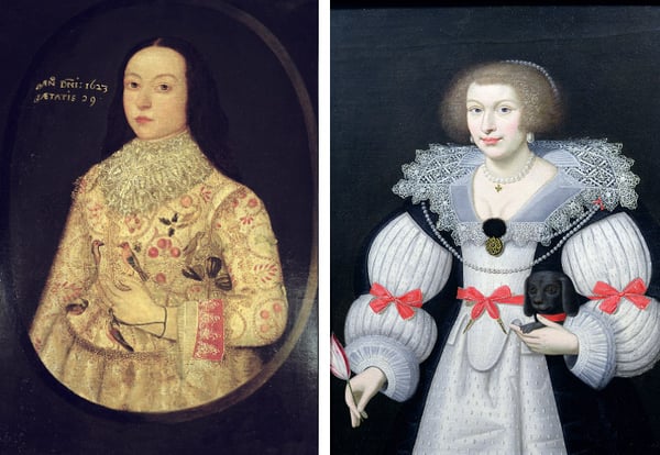 Left: Portrait of Amy Seymour, 1623 (oil on canvas) by English School © The Cheltenham Trust and Cheltenham Borough Council Right: Portrait of a lady holding a dog and a tulip, c.1620, English School / Private Collection / © Richard Philp, London