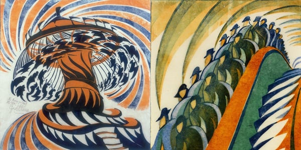 The Merry-Go-Round, c.1930 (linocut), Cyril Edward Power (1874-1951) / Private Collection / Photo © Osborne Samuel Ltd, London / Bridgeman Images; Whence and Whither? (detail), c. 30 (linocut), Cyril Edward Power (1874-1951) / Private Collection / Photo © Osborne Samuel Ltd, London / Bridgeman Images