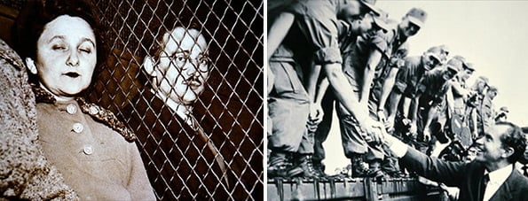Left: Ethel and Julius Rosenberg in jail, 1953 (b/w photo) Peter Newark American Pictures Right: President Nixon (1913-94) visiting the 1st US Infantry Division during his tour of Vietnam, July 1969 (b/w photo)/ Peter Newark American Pictures 