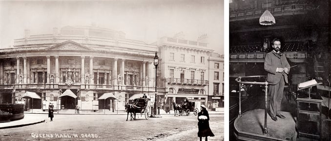 Left: Sir Henry Wood on the conductor's podium at the Queen's Hall, London, in 1903. Right: Queens Hall-exterior in Langham Place. St George's Hall nearby. Early 1900 's. c.1905 