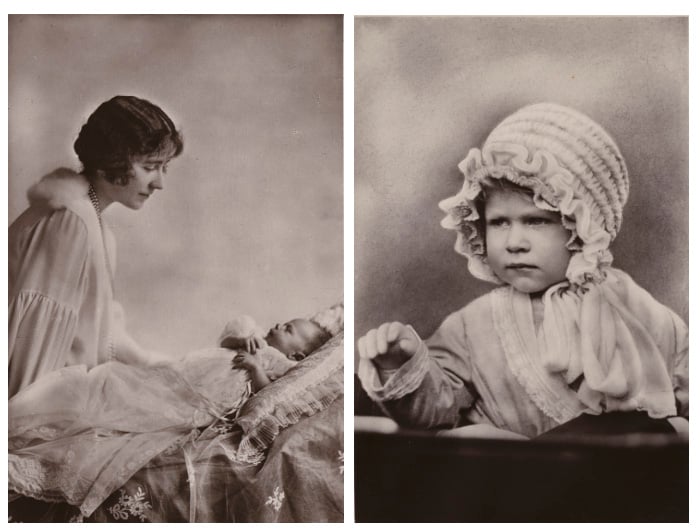 Left: The Duchess Of York with Baby Princess Elizabeth, 1926 Right: The Princess Elizabeth (future Queen Elizabeth II) waving 