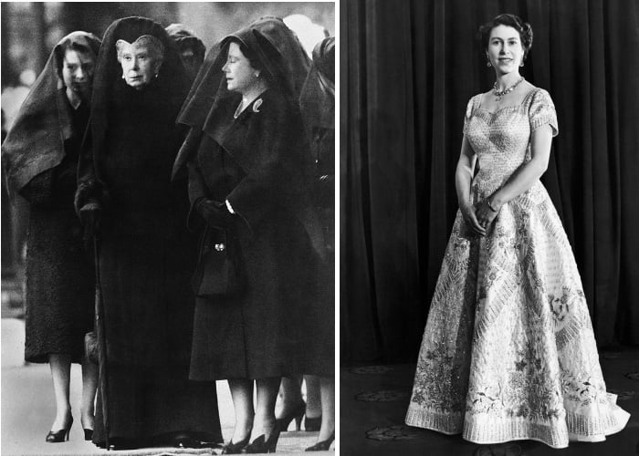 Left: Three Queens; Queen Elizabeth, Queen Mary and the Queen Mother at the funeral of King George VI, 15th February 1952, © Mirrorpix Right: fficial Coronation Portrait of Queen Elizabeth II, 1953, © Mirrorpix 