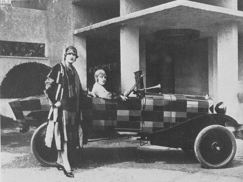 Sonia Delaunay and her matching decorated Citroen B12, 1925 (b/w photo)
