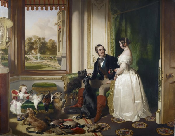 ROC399178 Windsor Castle in modern times: Queen Victoria, Prince Albert and Victoria, Princess Royal, 1840-43 (oil on canvas) by Landseer, Edwin (1802-73); 113.3x144.5 cm; Royal Collection Trust © Her Majesty Queen Elizabeth II, 2018; (add.info.: Queen Victoria (1819-1901) Queen Regnant, and Prince Albert (1819-61); Princess Victoria (1840-1901); set in the White Drawing Room at Windsor; a view of the East Terrace, upon which Queen Victoria's mother, the Duchess of Kent, is seen enjoying a circuit in a bath chair. Albert's favourite greyhound Eos; terrier Dandit.); REPRODUCTION PERMISSION REQUIRED; English, out of copyright. PLEASE NOTE: Bridgeman Images works with the owner of this image to clear permission. If you wish to reproduce this image, please inform us so we can clear permission for you.