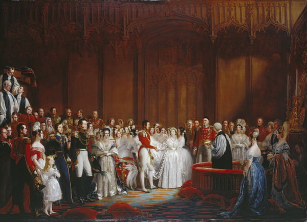 ROC399185 The Marriage of Queen Victoria, on the 10th February 1840, 1840-42 (oil on canvas) by Hayter, George (1792-1871); 195.6x273.4 cm; Royal Collection Trust © Her Majesty Queen Elizabeth II, 2018; (add.info.: Queen Victoria of the United Kingdom (1819-1901) and the Prince Consort, Albert of Saxe-Coburg and Gotha (1819-61); Chapel Royal at St. James' Palace;); REPRODUCTION PERMISSION REQUIRED; English, out of copyright. PLEASE NOTE: Bridgeman Images works with the owner of this image to clear permission. If you wish to reproduce this image, please inform us so we can clear permission for you.