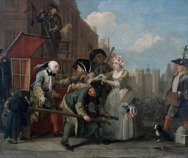 A Rake's Progress IV: The Arrested, Going to Court, 1733 by William Hogarth, Courtesy of the Trustees of Sir John Soane's Museum, London