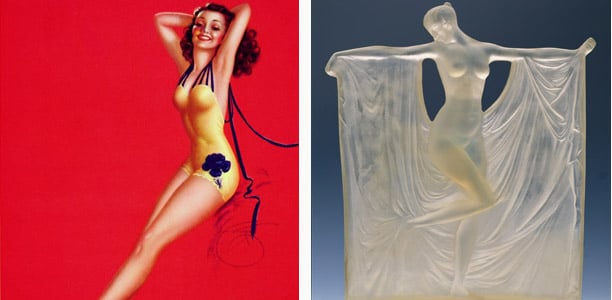 Left: Pin-Up in a Yellow Bathing Suit/ Billy DeVorss Right: "Suzanne au Bain", opalescent glass statuette by Lalique © Bonhams