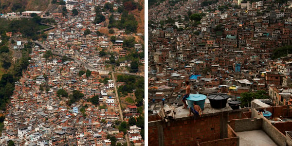 Left: Brazil, Rio de Janeiro, view of favela from hill / Dorling Kindersley/UIG Right: The largest and most popular favela, or slum, in Latin America, Rocinha has over 300,000 residents. Rocinha, Brazil. 2005. (photo) / Majority World/UIG 