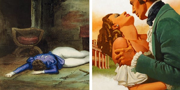 Left: The Death of Romeo (chromolitho), Deveria, Achille (1800-57) and Louis Boulanger (1800-67) / Private Collection Right: llustration (colour litho), Gino D'Achille (1935-2017) / Private Collection