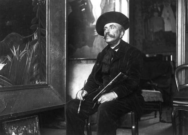Henri (Le Douanier) Rousseau (1844-1910) in his studio at rue Perrel, Paris, 1907 (b/w photo) by Dornac (Paul Francois Arnold Cardon) (1859-1941); Archives Larousse, Paris, France; Giraudon; French, out of copyright possible copyright restrictions apply, consult national copyright laws