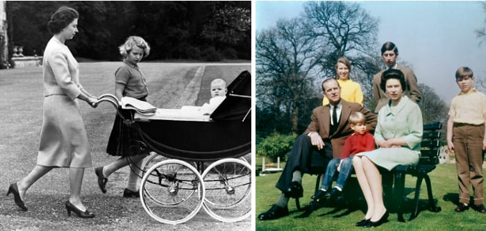 Left: Queen Elizabeth II of England, princess Anne, Prince Andrew as a baby, at Balmoral Castle. Scotland, August 8th, 1960 Right: Queen Elizabeth II and her family at Windsor in Spring 1968. From left, Prince Philip, Duke of Edinburgh, Princess Anne, Prince Edward (Earl of Wessex), Prince Charles (Prince of Wales), the Queen and Prince Andrew (Duke of York)