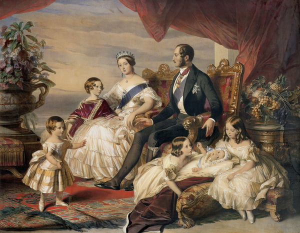 STC192752 Queen Victoria (1819-1901) and Prince Albert (1819-61) with Five of the Their Children, 1846 (colour engraving) by Winterhalter, Franz Xaver (1806-73) (after); Victoria & Albert Museum, London, UK; (add.info.: L-R:Alfred (1844-1900), Edward (1841-1910), Prince of Wales, Alice (1843-78), Helena (1846-1923), Victoria (Vicky) (1840-1901); original oil in Royal Collection;); The Stapleton Collection; German, out of copyright.