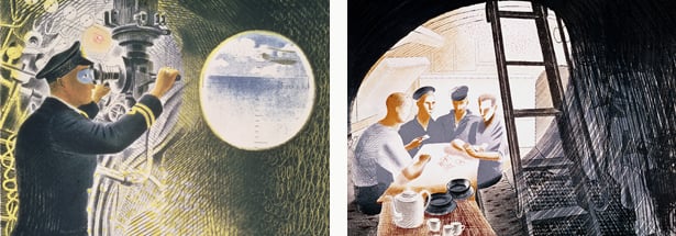 Left: Submarine, Eric Ravilious  Right: Sailors playing cards, Eric Ravilious
