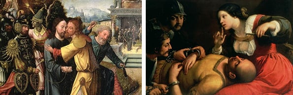 Left: The Kiss of Judas, Cornelis Engebrechtsz, Musee Denon, Chalon-sur-Saone, France / Roger-Viollet, Paris Right: Samson and Delilah, follower of Caravaggio Hospital de Tavera, Toledo, Spain 