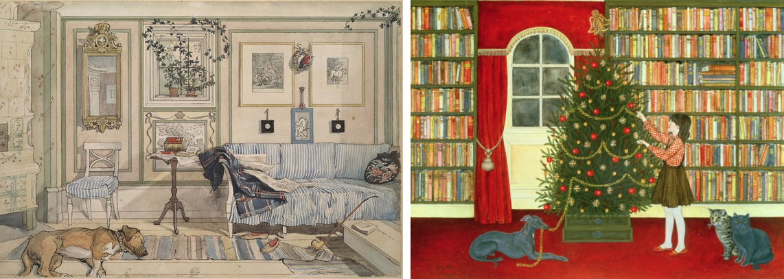 Left: Cosy Corner, from 'A Home' series, c.1895 (w/c on paper), Larsson, Carl (1853-1919) / Nationalmuseum, Stockholm, Sweden Right: The Christmas Tree, C20th by Ditz (Contemporary Artist) / Private Collection