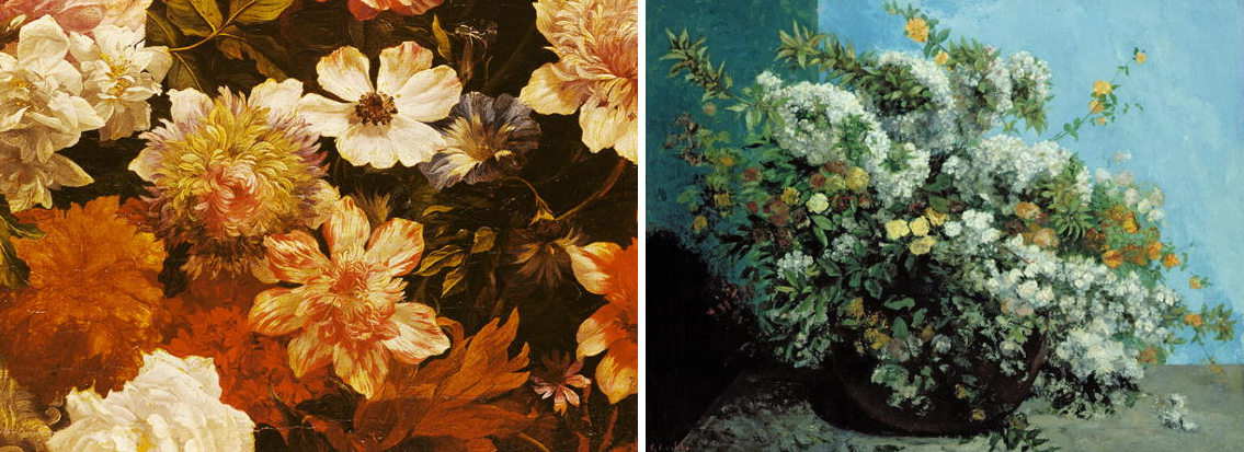 Left: Detail of Flowers, Michelangelo Cerquozzi, (1602-60) Right: Flowering Branches and Flowers, 1855, Gustave Courbet