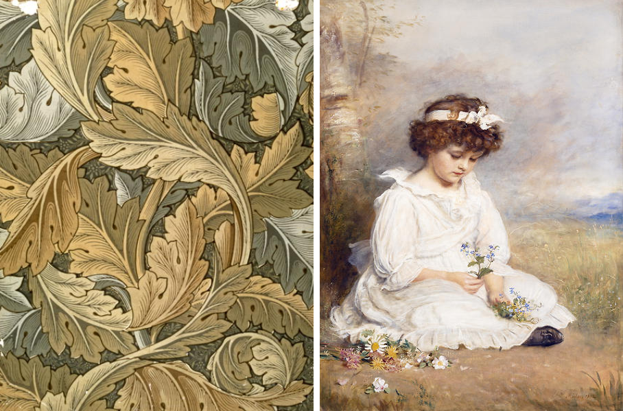 Left: 'Acanthus' wallpaper design, 1875, William Morris, (1834-96) Right: Little Speedwell's Darling Blue, 1892, Sir John Everett Millais, (1829-96)