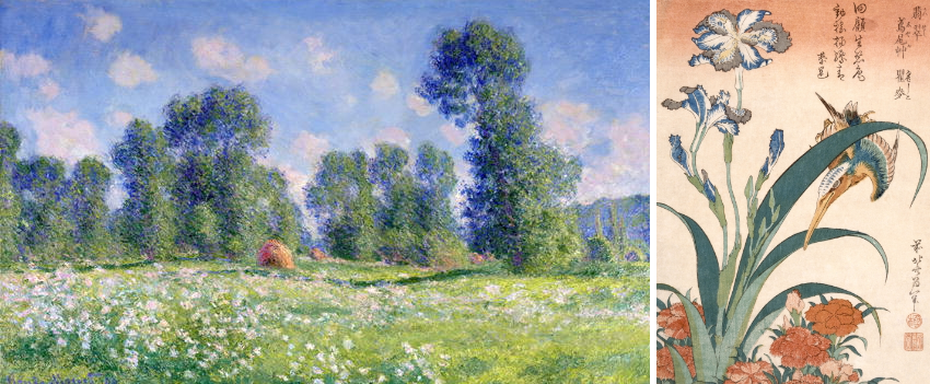 Left: Effect of Spring, Giverny, 1890 (oil on canvas), Claude Monet, (1840-1926) Right: Kingfisher, Irises and Pinks, Katsushika Hokusai, (1760-1849)