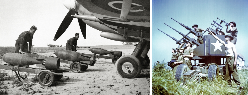 Left: Bombs being loaded into a Supermarine Spitfire Mk XIV for an attack on German tanks, Normandy, American Photographer Right: Soldiers of the 3rd Canadian Infantry Division with anti-aircraft guns on Juno Beach, Canadian Photographer