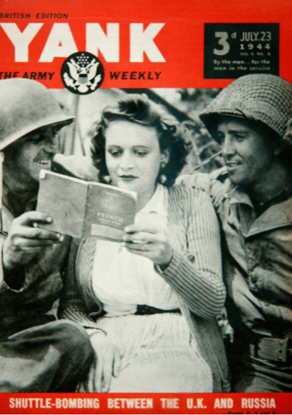 French girl helps Americans with language, front cover of 'Yank' magazine, British edition, July 1944 (colour litho), American School, (20th century) / Private Collection / Peter Newark Military Pictures