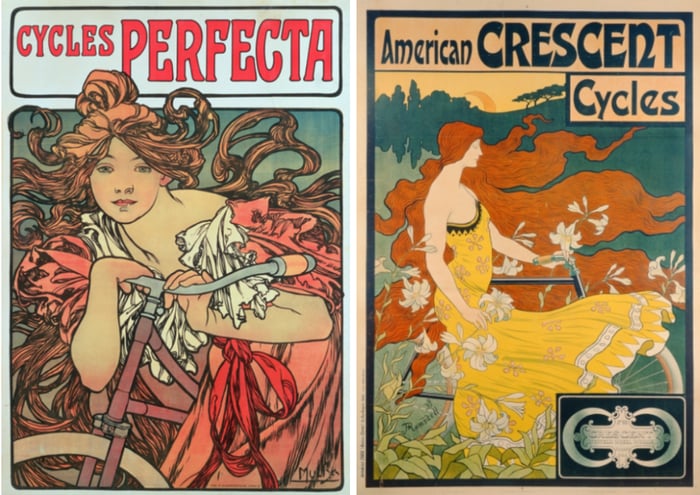 Left: Poster advertising 'Cycles Perfecta', 1902 by Alphonse  Mucha (1860-1939) / Mucha Trust  Right: Poster advertising Crescent Cycles, 1899 by Ramsdell