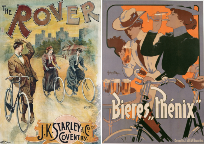 Left: Rover J. K. Starley, English advertising poster for bicycles / De Agostini  / G. Dagli Orti Right: Belgium poster advertising Phenix beer, c.1899 by Adolfo Hohenstein (1854-1928)